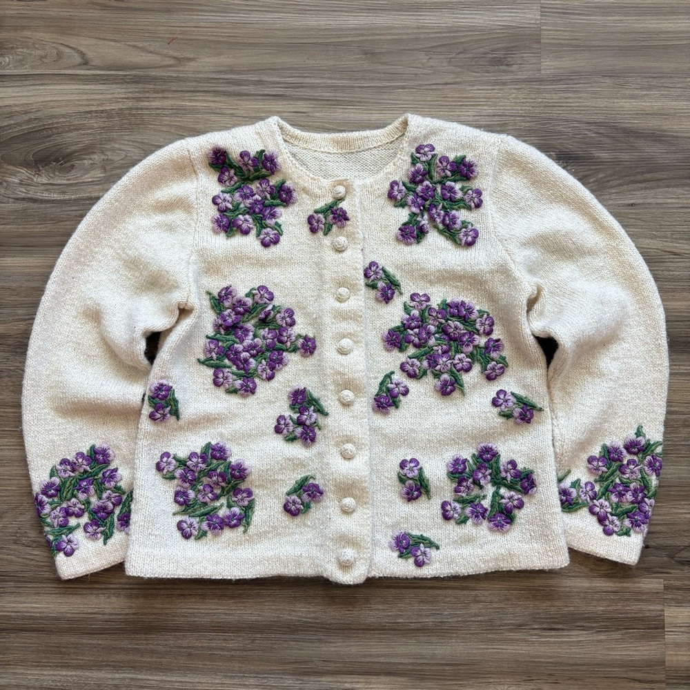 Handmade Cottagecore Floral Embroidered Knit Cardigan Sweater
